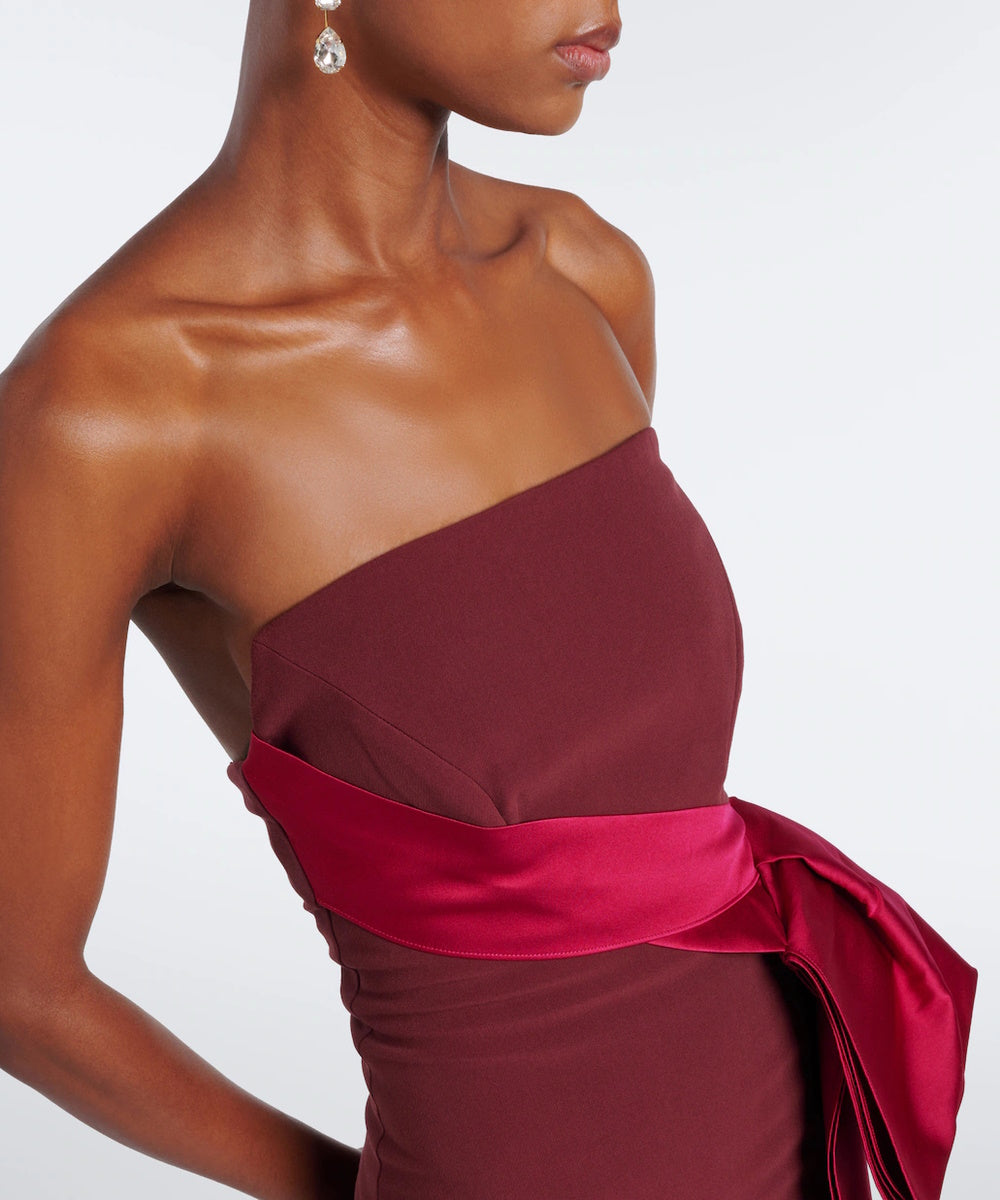Burgundy Strapless Crepe Gown With Contrast Satin Wrap Bow And Side Slit