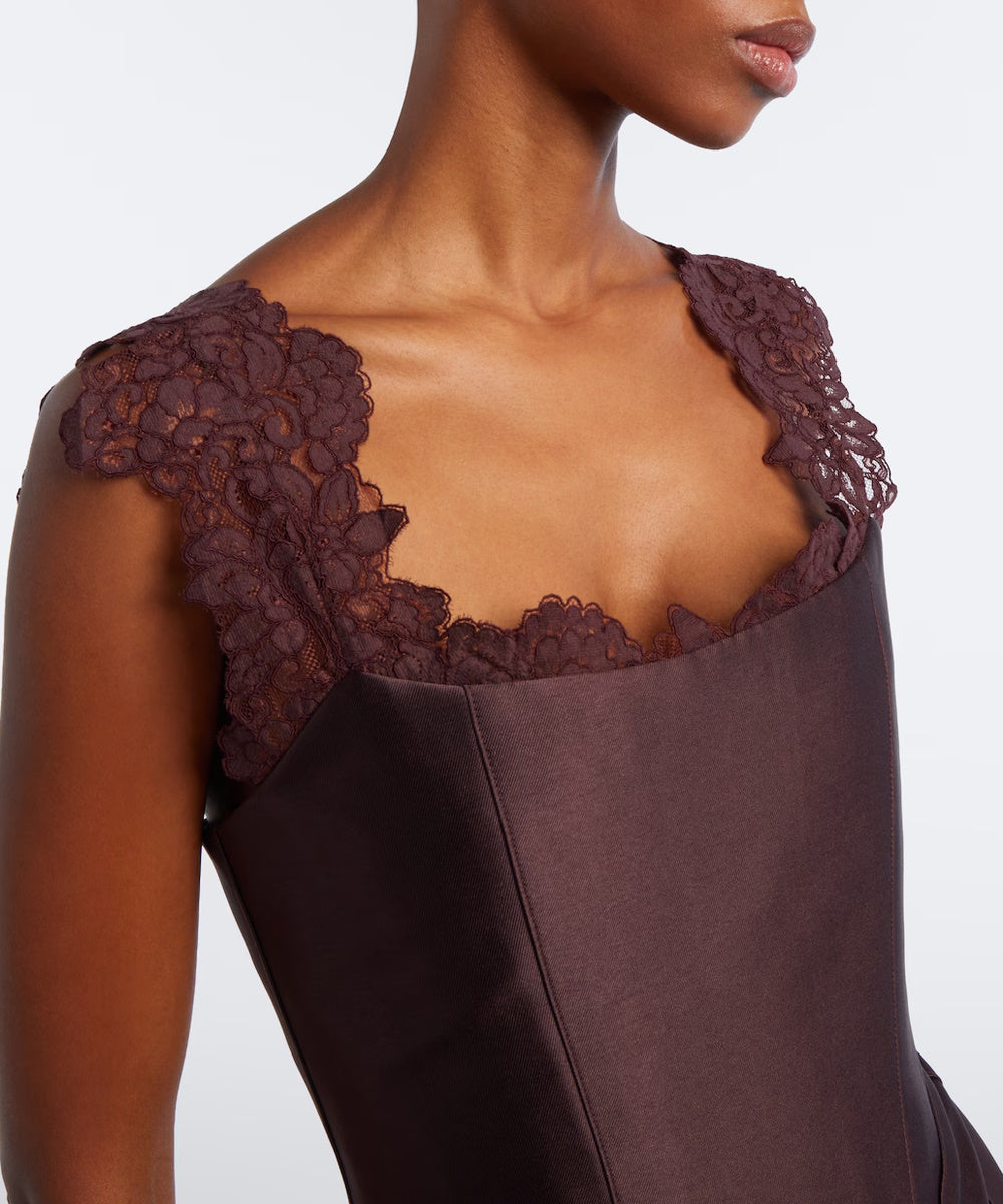 Dark Brown Lace Strap Satin Peplum Mermaid Lace Evening Gown
