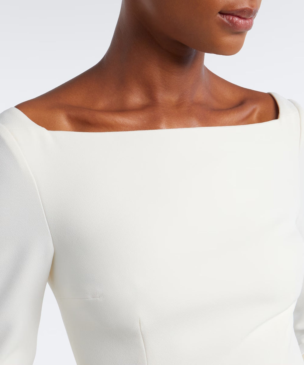 White Boat Neck Maxi Gown With Statement Ruffle Cuffs & Matching Belt