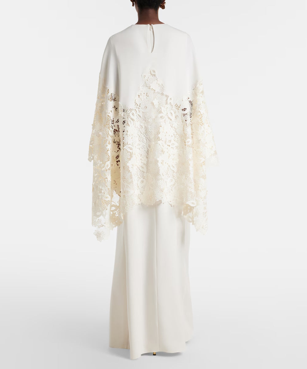 Ivory Crepe Maxi Kaftan Gown With Floral Lace Wide Bell Sleeves