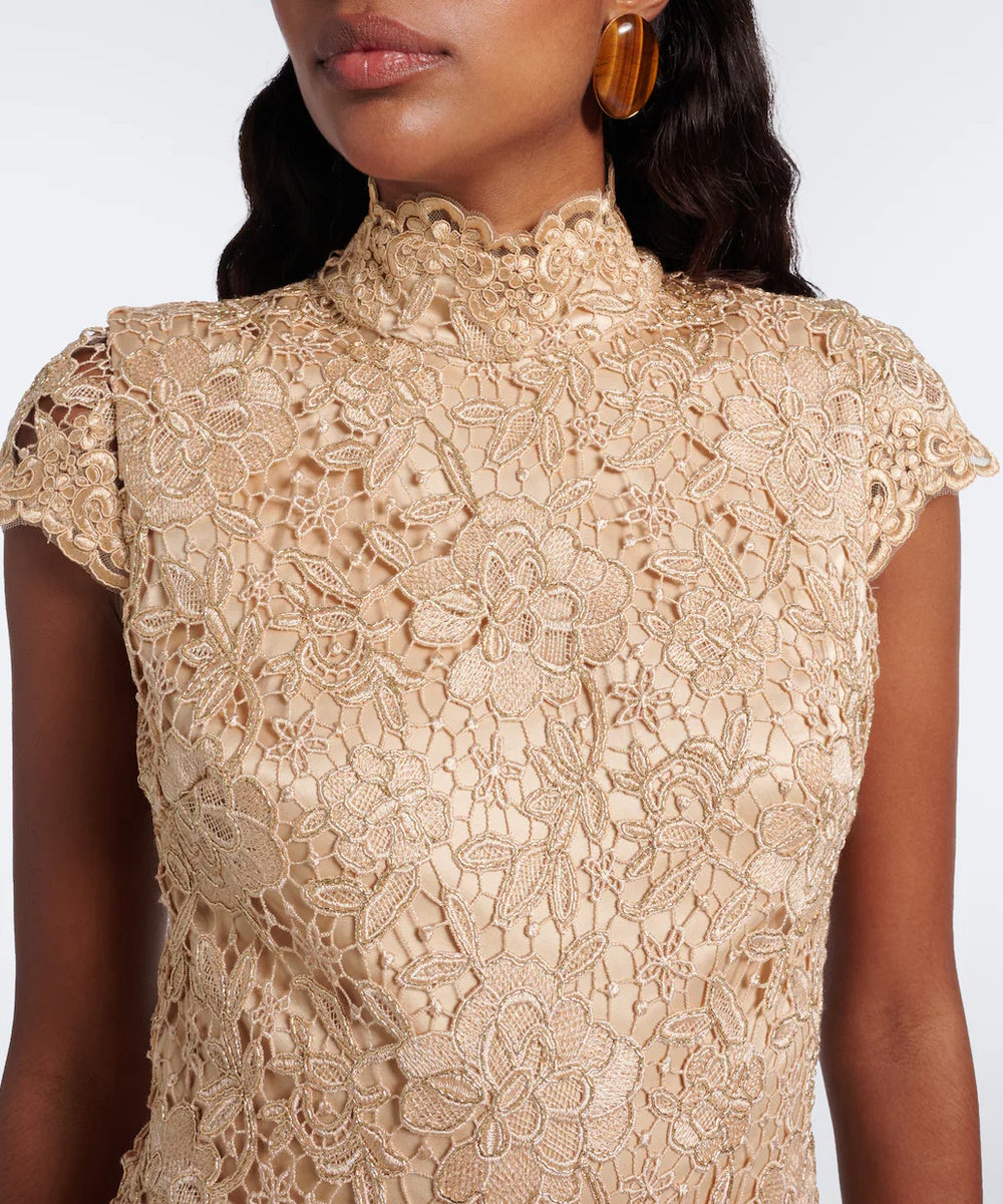 Champagne Lace High Neck Mermaid Gown With Black Bow