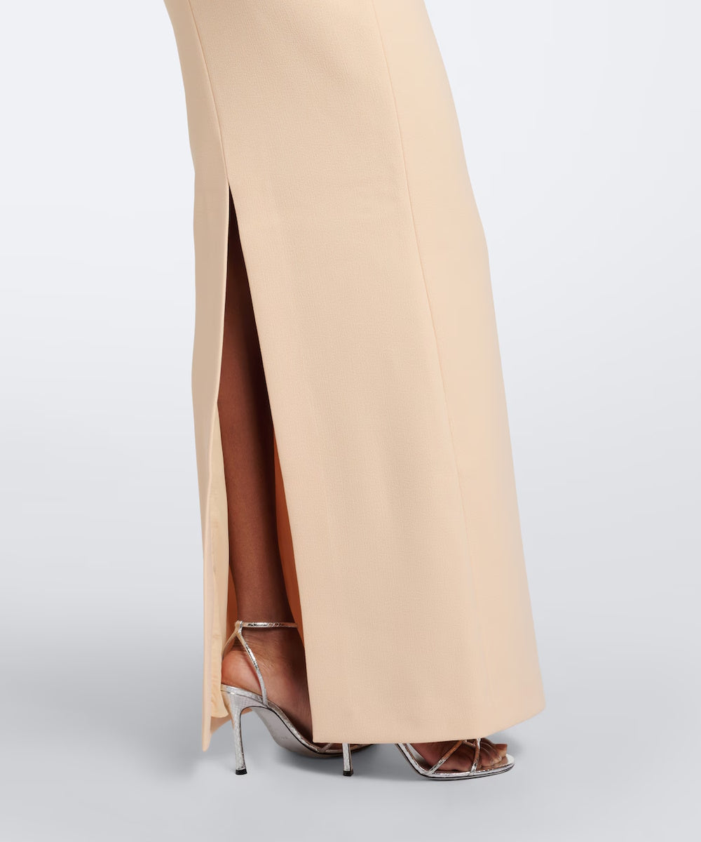 Champagne Strapless Gold Crystal Deep V Slit Column Evening Gown