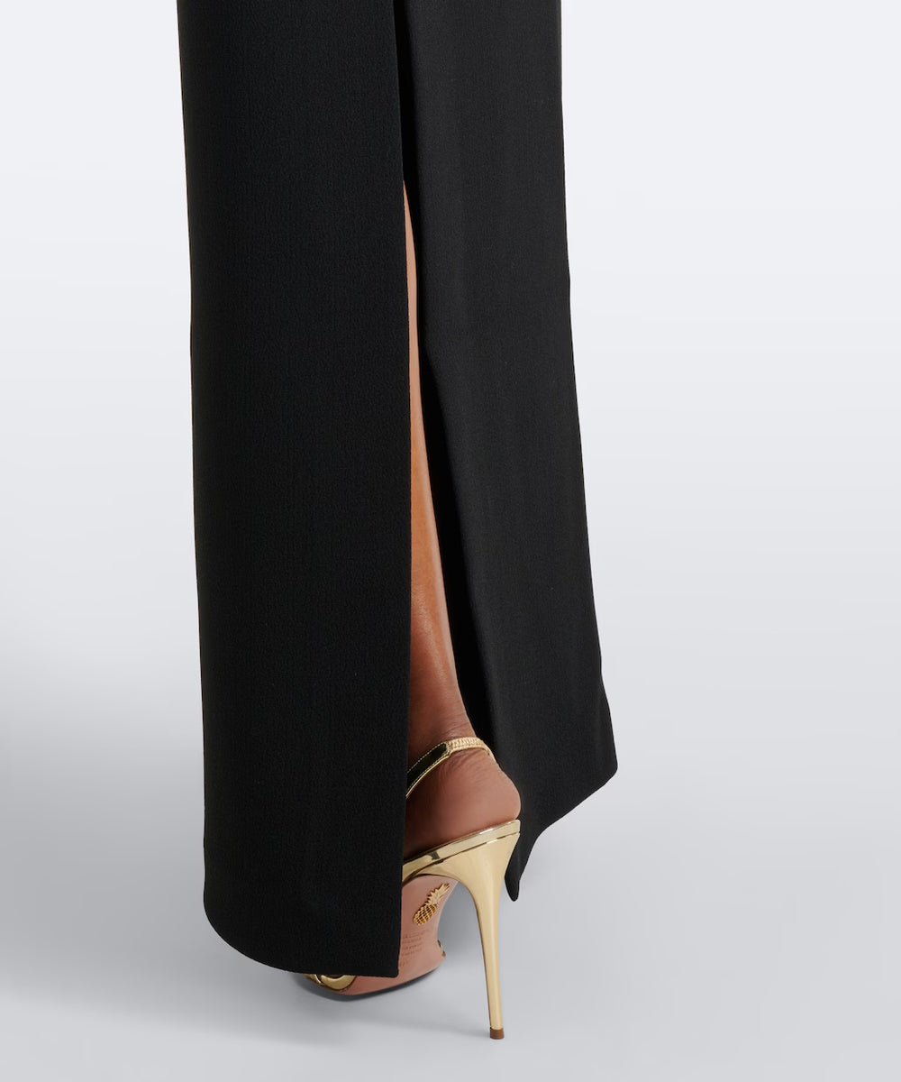 Strapless Gold Crystal Deep V Slit Column Black Evening Gown
