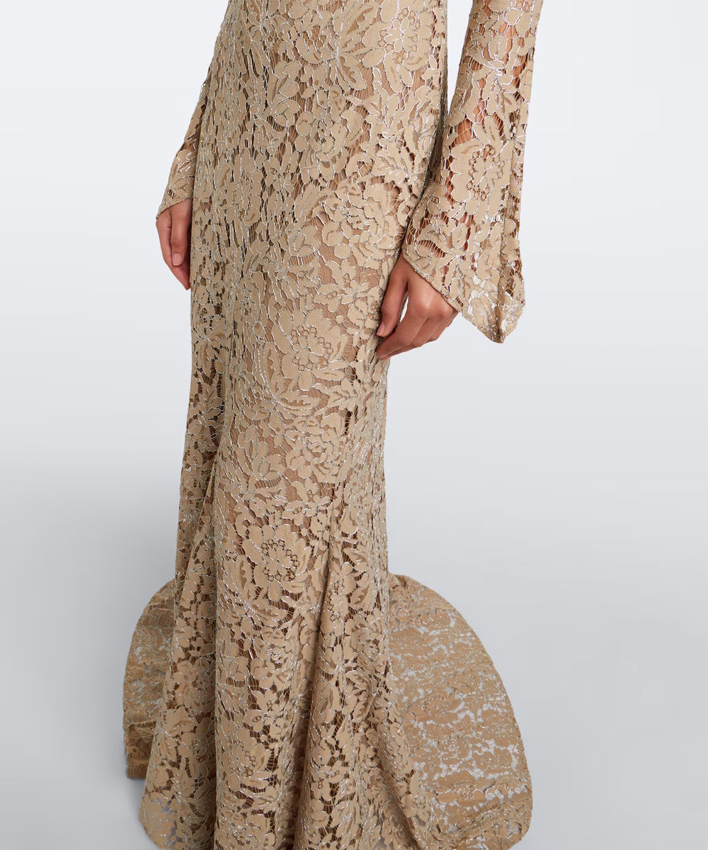 Champagne Lace High Neck Long Sleeve Mermaid Gown
