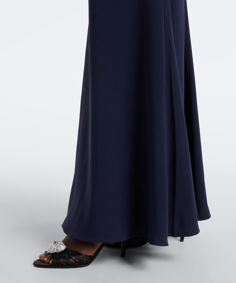 Navy Rhinestone Collar Flutter Sleeve Side Ruched Mermaid Maxi Gown