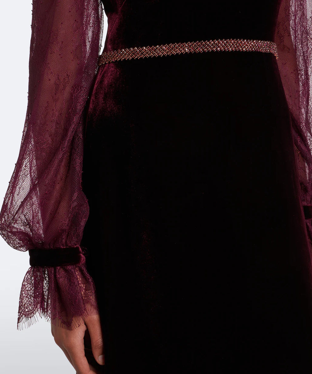Burgundy Velvet Gown With Sheer Lace Puff Long Sleeves