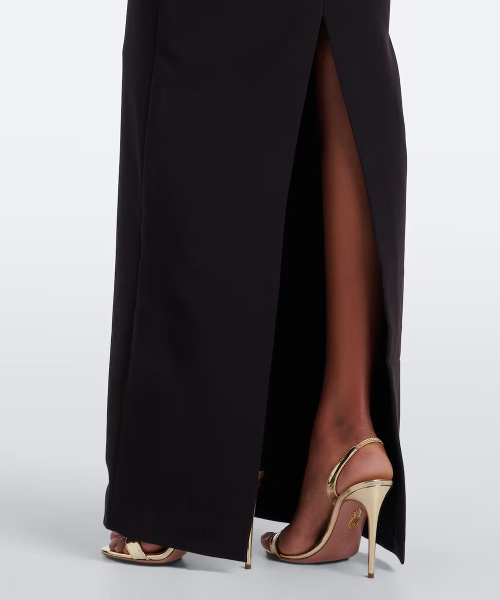 Black Strapless White Diagonal Fold Trim Column High Slit Maxi Evening Gown