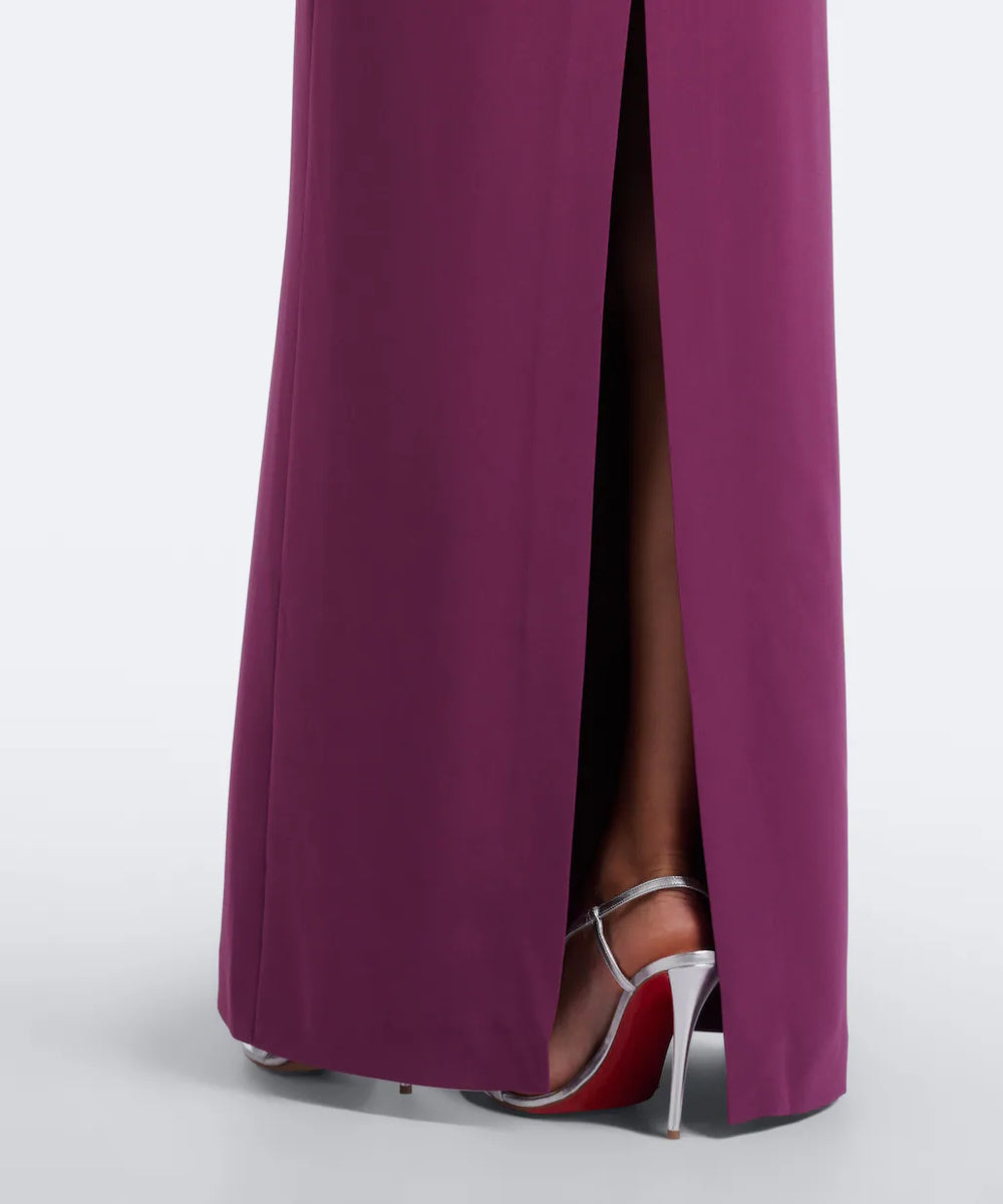 Plum Off Shoulder 3D Floral Crystal Long Sleeve Column Slit Maxi Evening Gown
