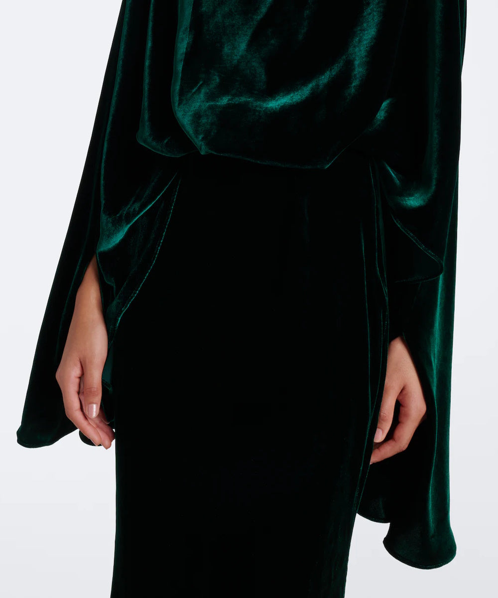 Emerald Green Velvet Cape Sleeve Mermaid Evening Gown