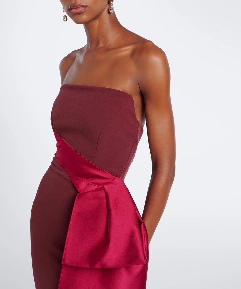 Burgundy Strapless Crepe Gown With Contrast Satin Wrap Bow And Side Slit