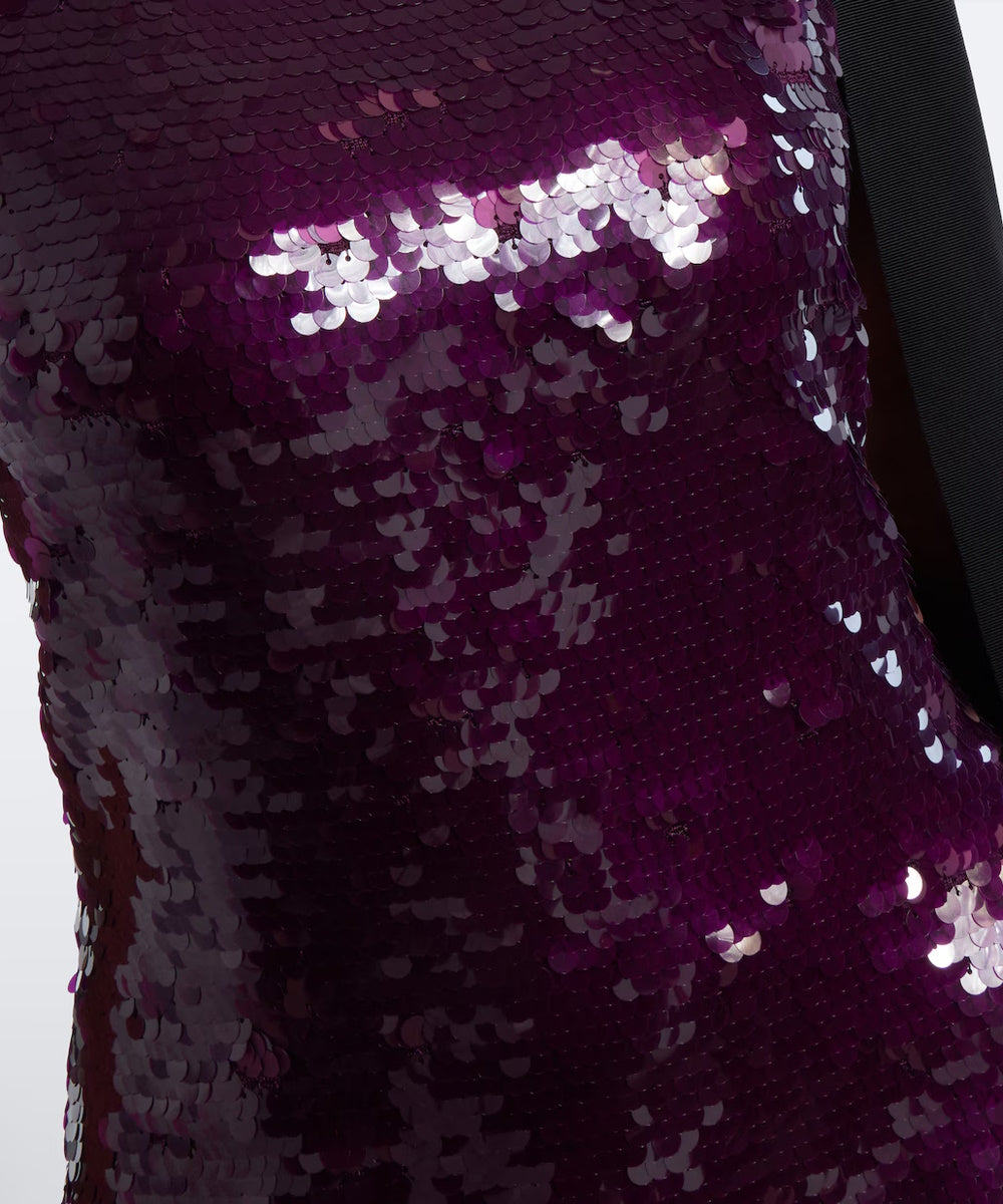 Purple Sequin Midi Sheath Dress With Black Shoulder Bow