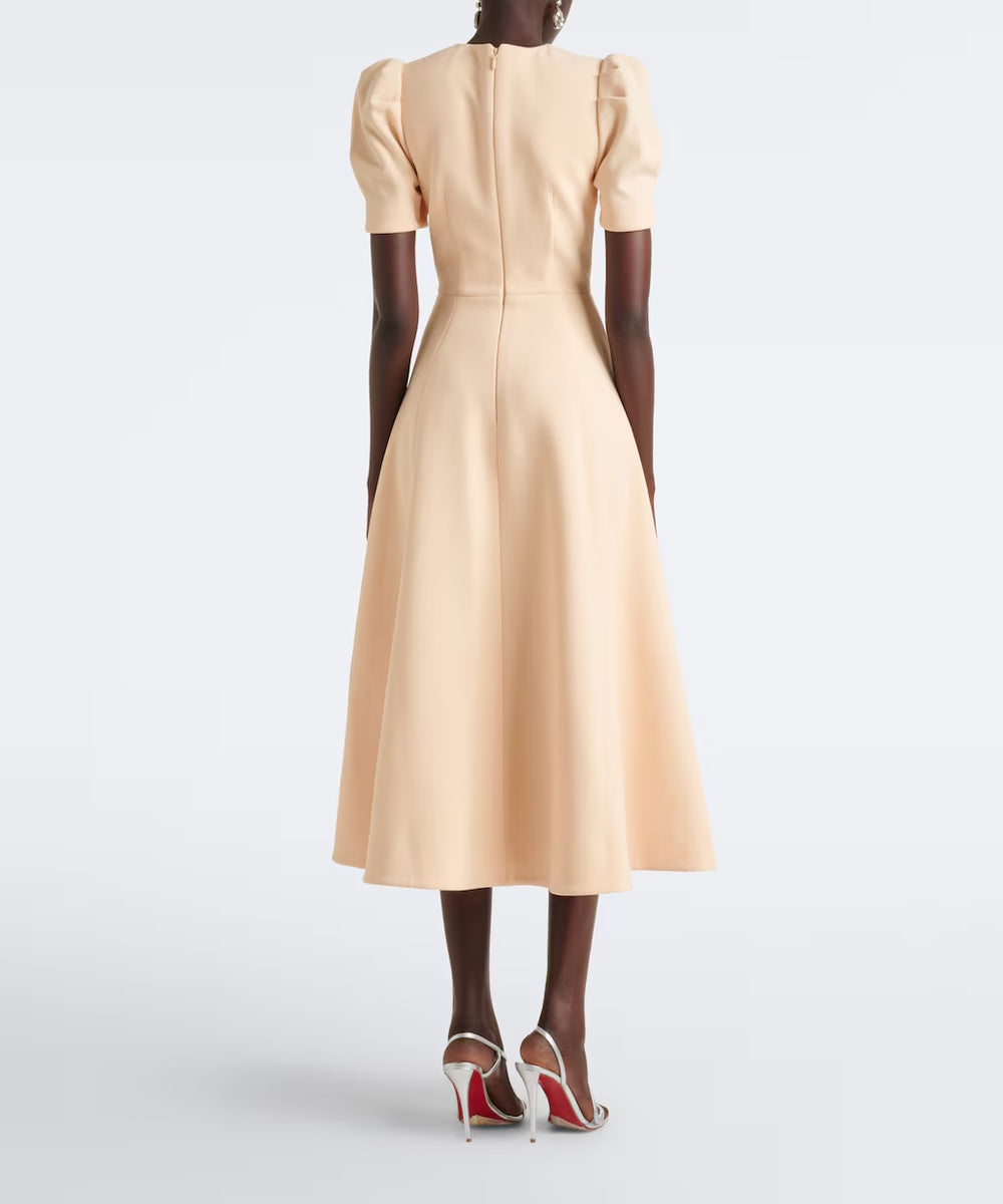Cream Puff Sleeve Gold Crystal Keyhole Flared Midi Dress