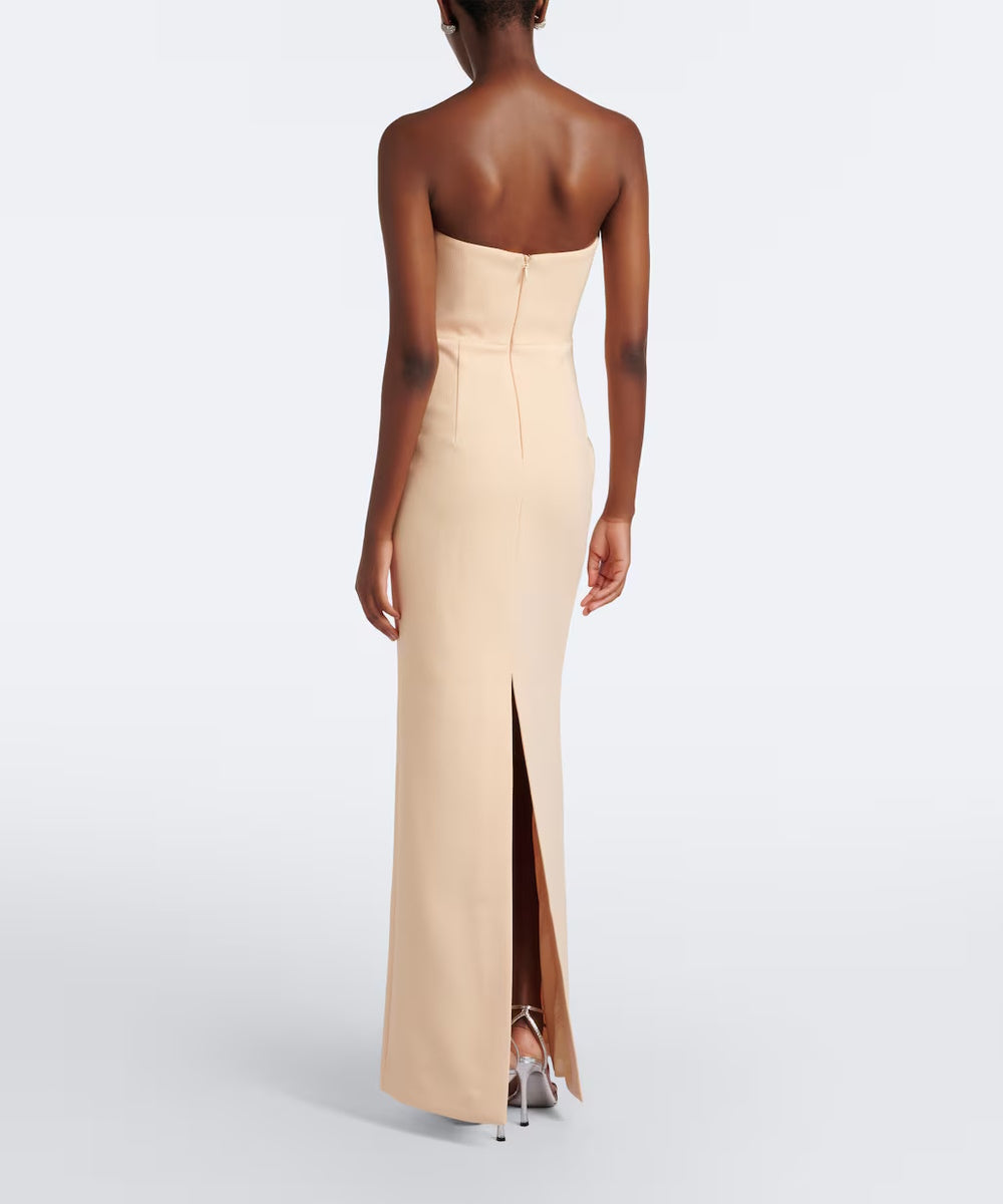 Champagne Strapless Gold Crystal Deep V Slit Column Evening Gown