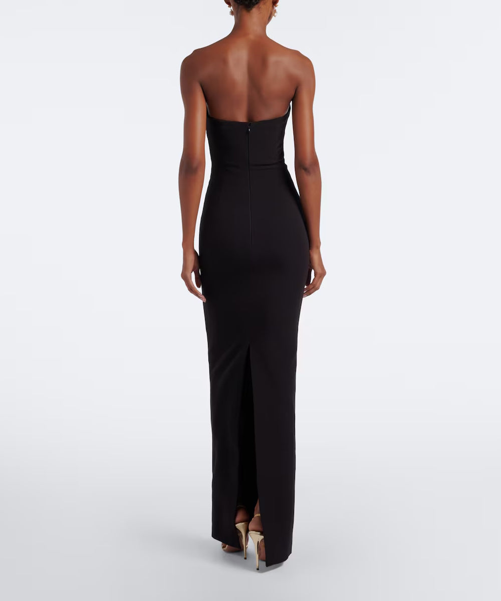 Black Strapless White Diagonal Fold Trim Column High Slit Maxi Evening Gown