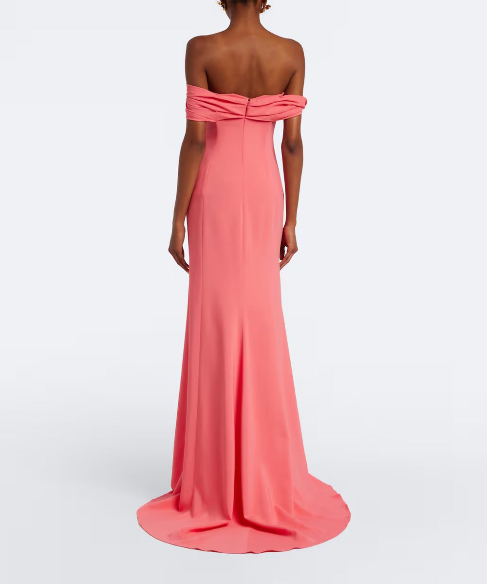 Watermelon Pink Off Shoulder Draped Mermaid Satin Evening Gown