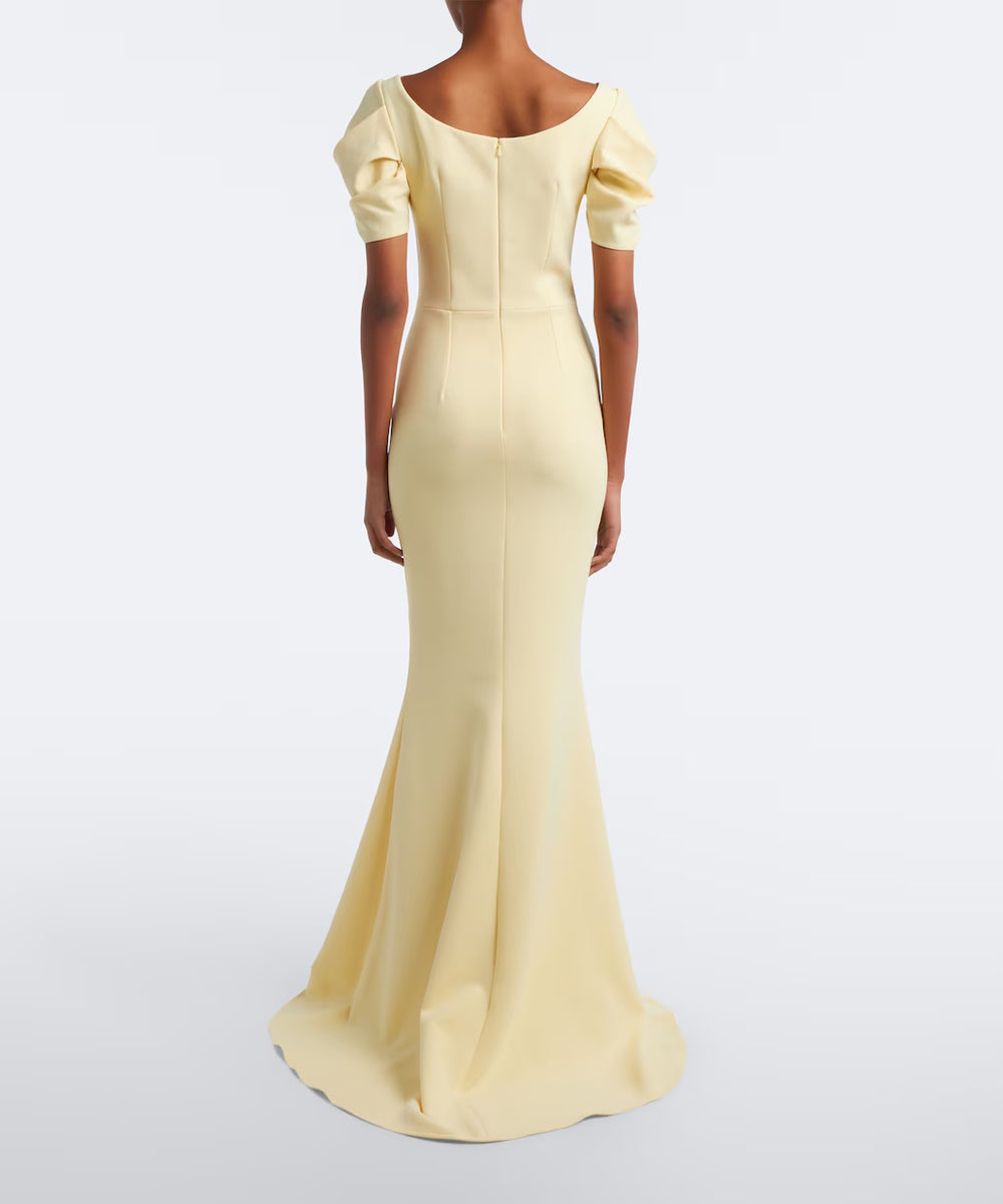Pale Yellow Square Neck Puff Sleeve Mermaid Evening Gown