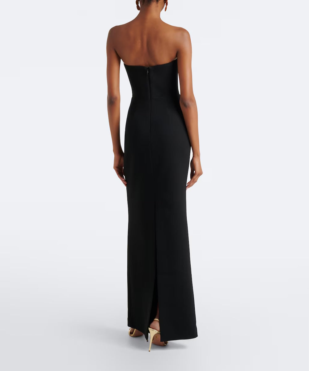 Strapless Gold Crystal Deep V Slit Column Black Evening Gown