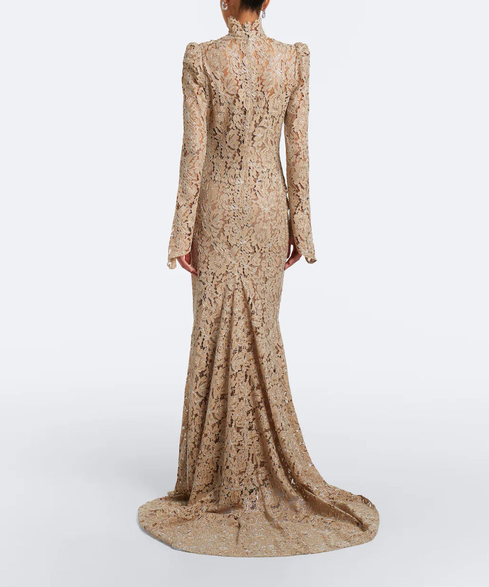 Champagne Lace High Neck Long Sleeve Mermaid Gown