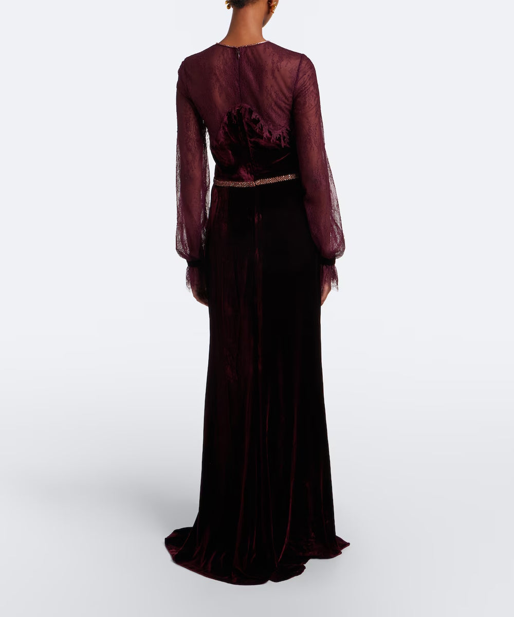 Burgundy Velvet Gown With Sheer Lace Puff Long Sleeves
