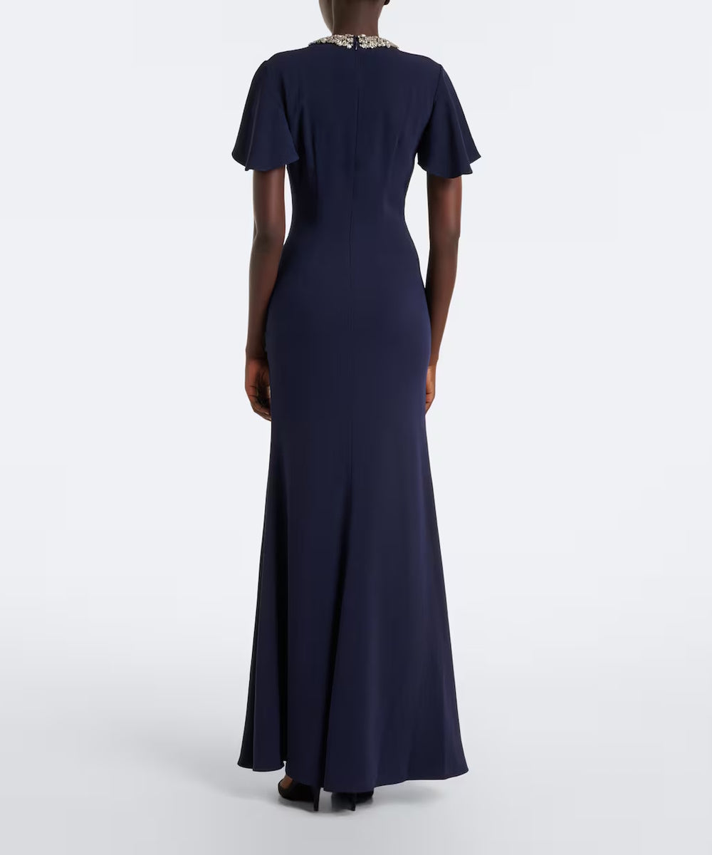 Navy Rhinestone Collar Flutter Sleeve Side Ruched Mermaid Maxi Gown
