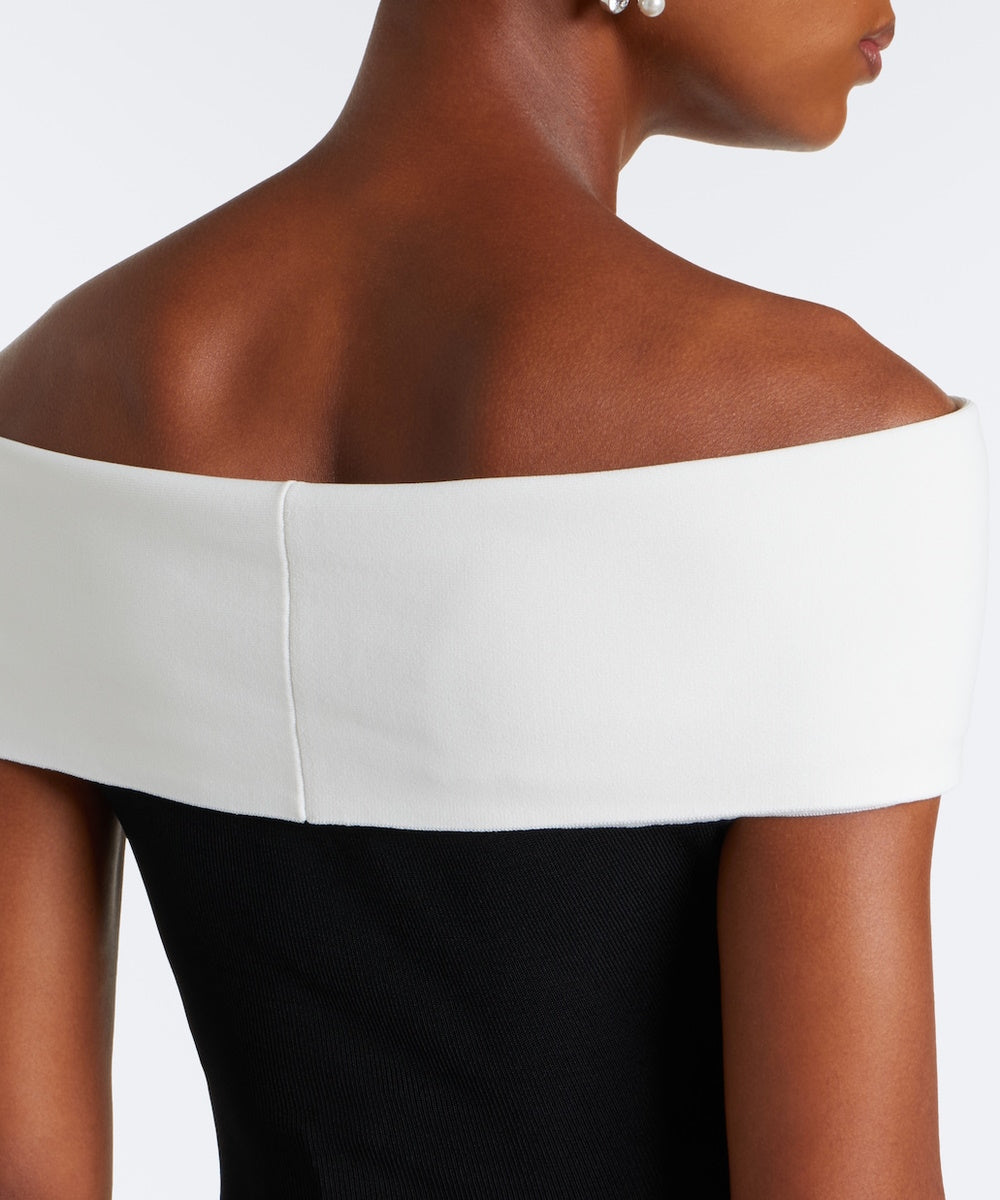 Black White Color Block Off Shoulder Ribbed Mermaid Maxi Gown