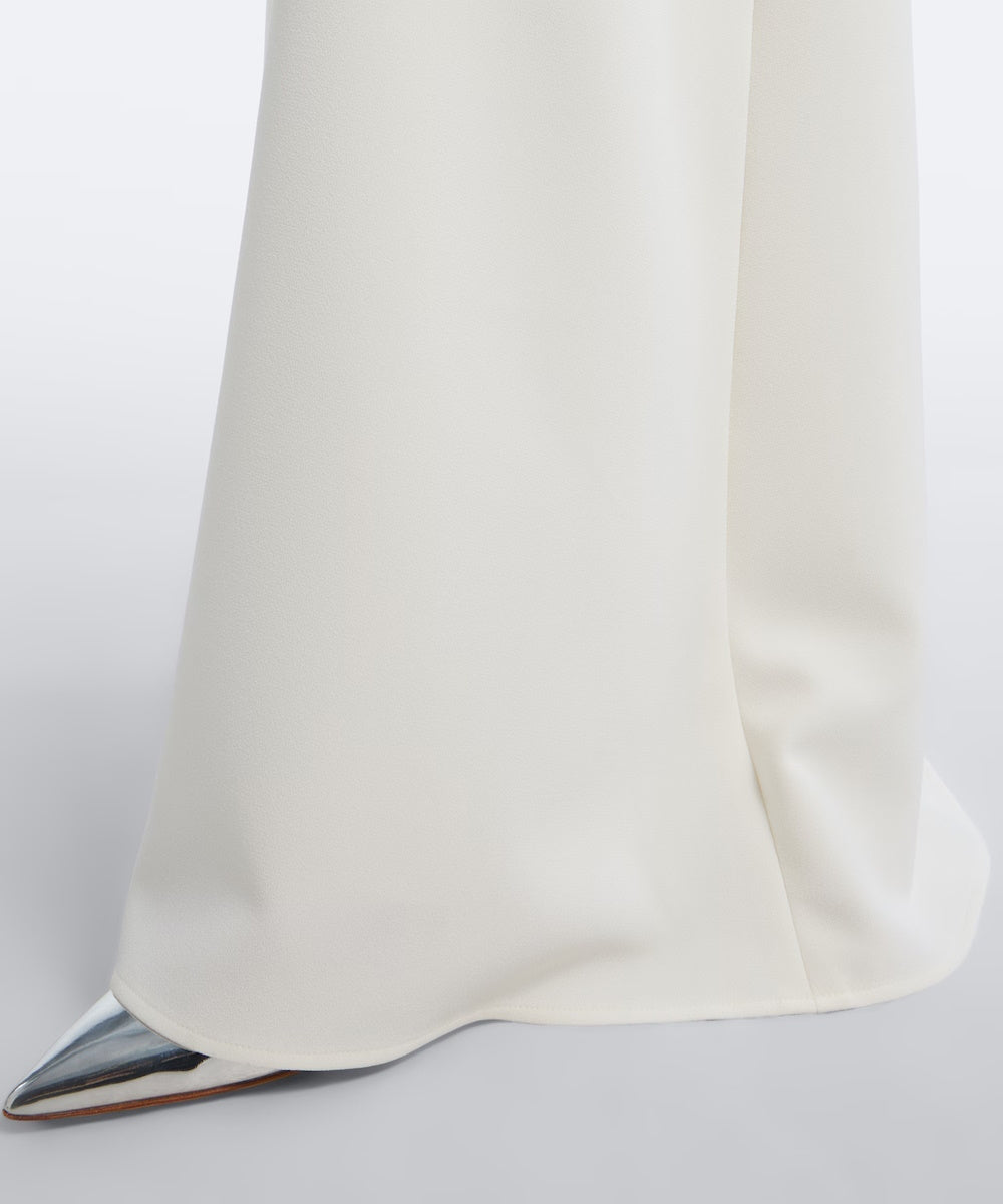 White Boat Neck Maxi Gown With Statement Ruffle Cuffs & Matching Belt