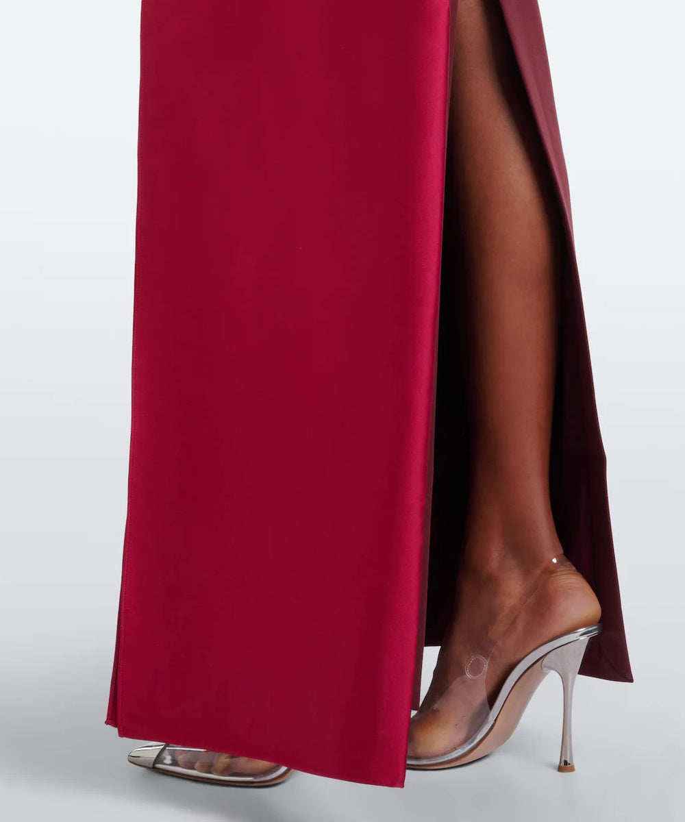 Burgundy Strapless Crepe Gown With Contrast Satin Wrap Bow And Side Slit