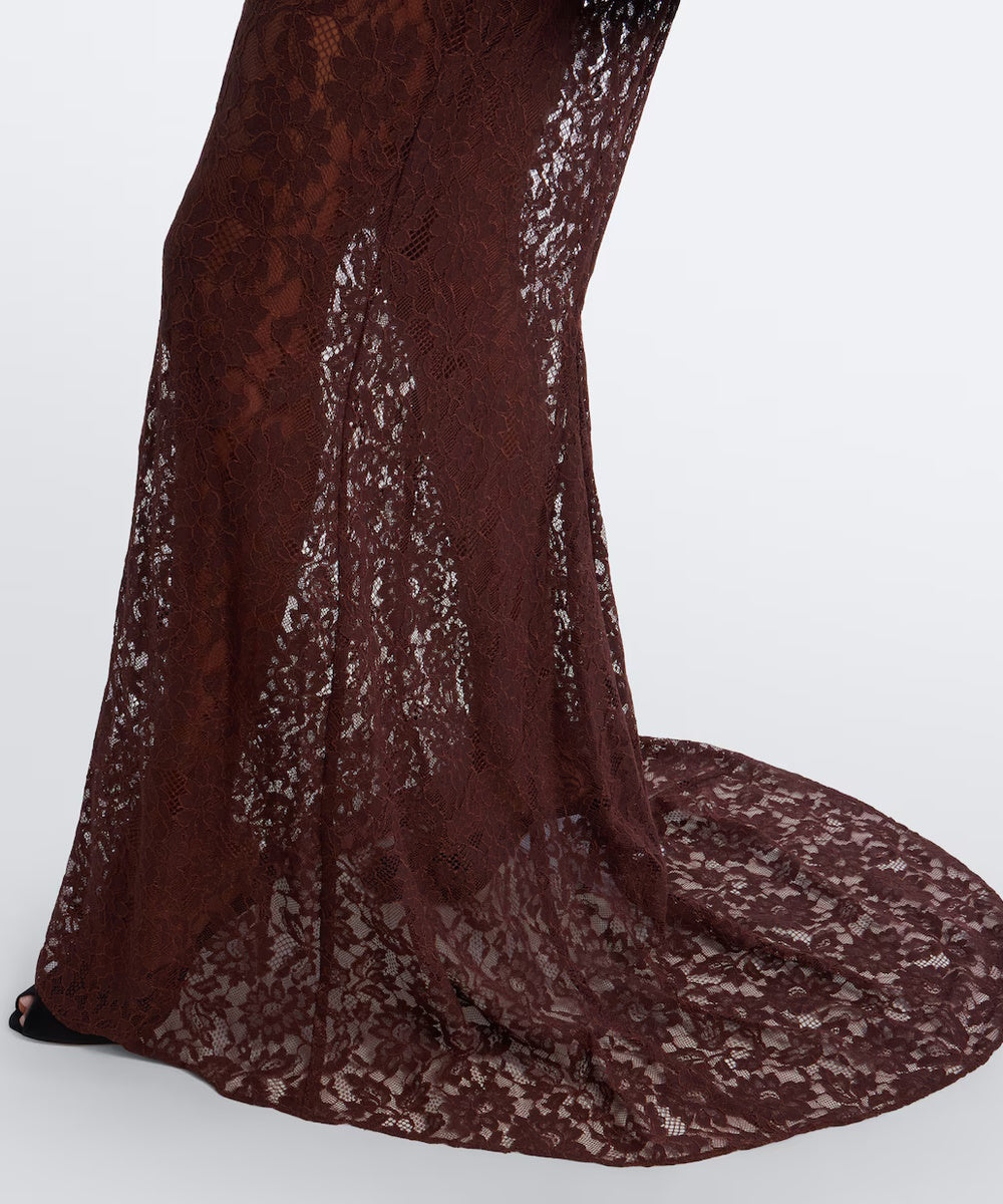 Dark Brown Lace Strap Satin Peplum Mermaid Lace Evening Gown