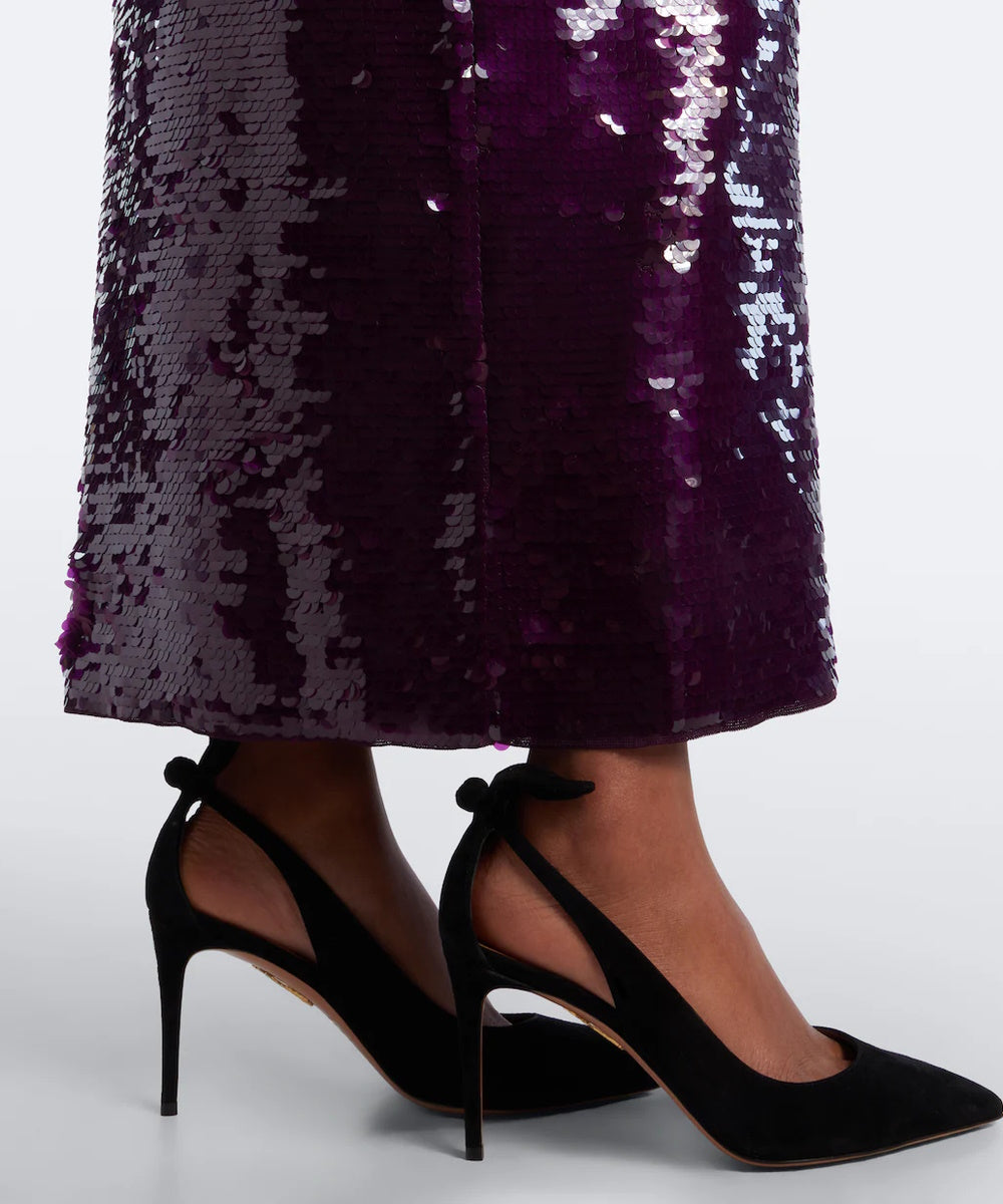 Purple Sequin Midi Sheath Dress With Black Shoulder Bow