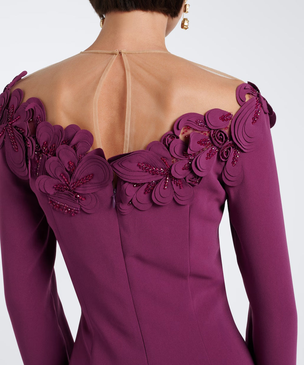 Plum Off Shoulder 3D Floral Crystal Long Sleeve Column Slit Maxi Evening Gown