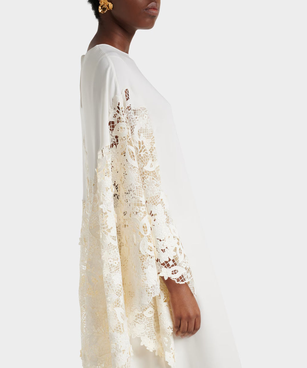 Ivory Crepe Maxi Kaftan Gown With Floral Lace Wide Bell Sleeves