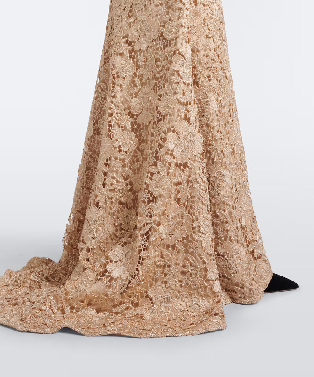 Champagne Lace High Neck Mermaid Gown With Black Bow