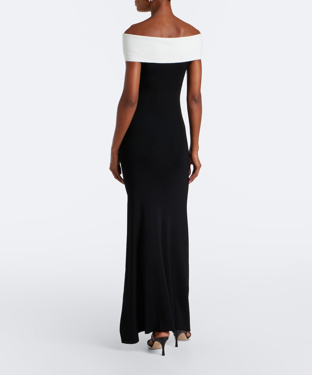 Black White Color Block Off Shoulder Ribbed Mermaid Maxi Gown