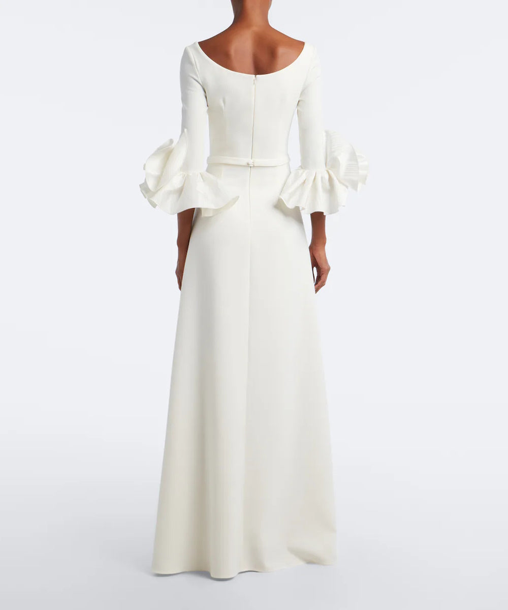 White Boat Neck Maxi Gown With Statement Ruffle Cuffs & Matching Belt