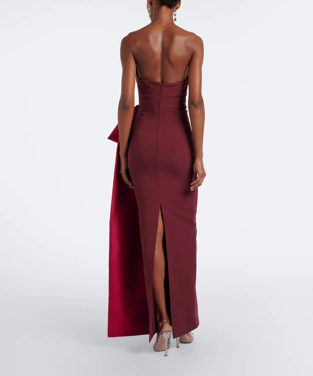 Burgundy Strapless Crepe Gown With Contrast Satin Wrap Bow And Side Slit