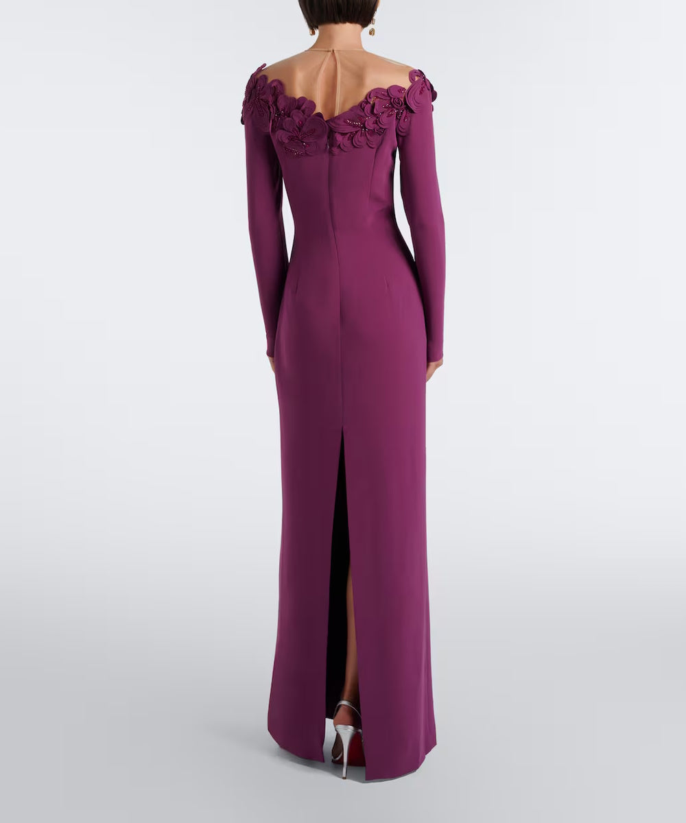 Plum Off Shoulder 3D Floral Crystal Long Sleeve Column Slit Maxi Evening Gown