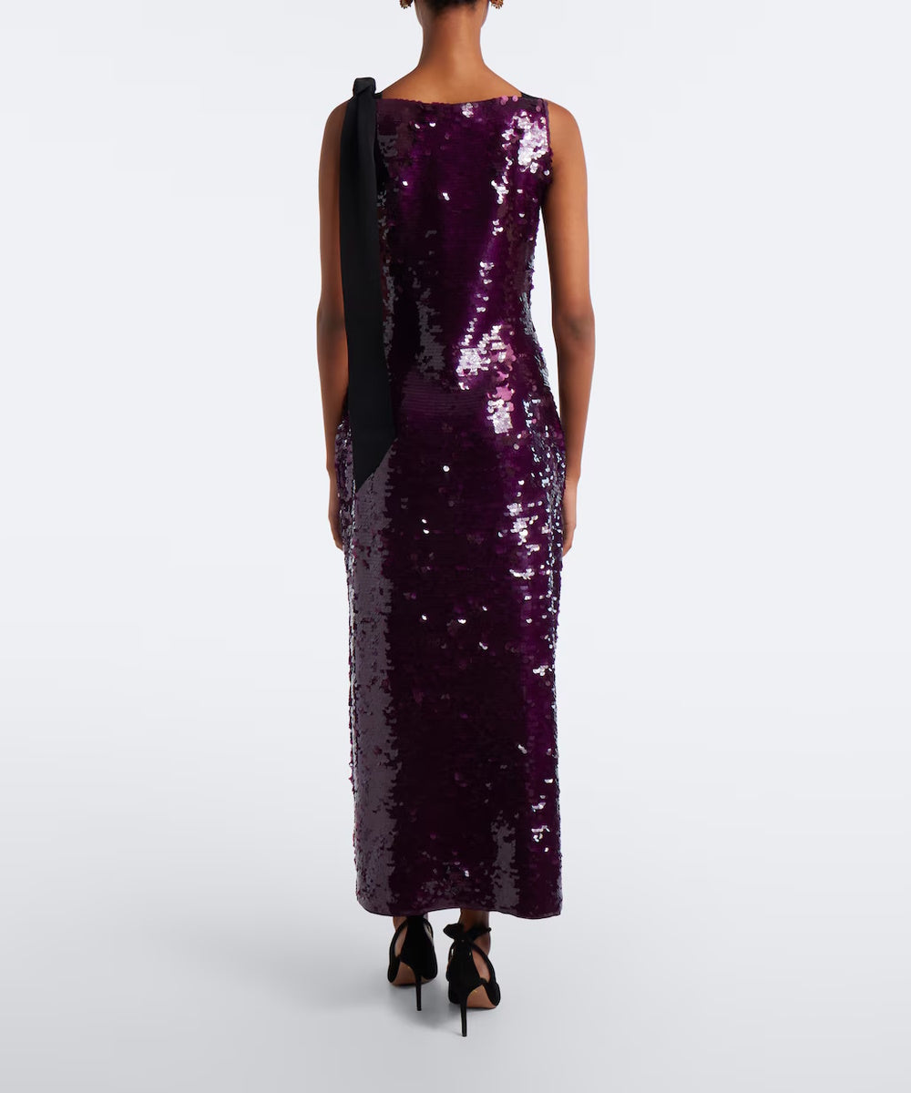 Purple Sequin Midi Sheath Dress With Black Shoulder Bow