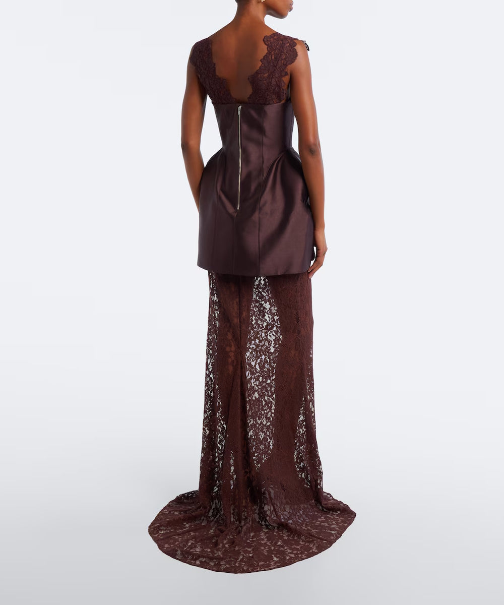 Dark Brown Lace Strap Satin Peplum Mermaid Lace Evening Gown