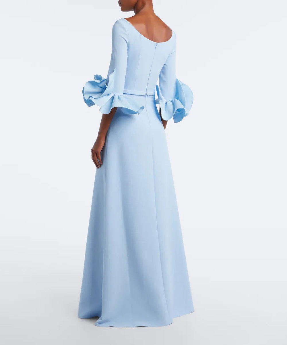 Light Blue Square Neck Ruffle Cuff A-Line Evening Gown