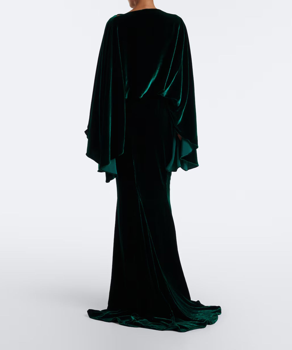 Emerald Green Velvet Cape Sleeve Mermaid Evening Gown