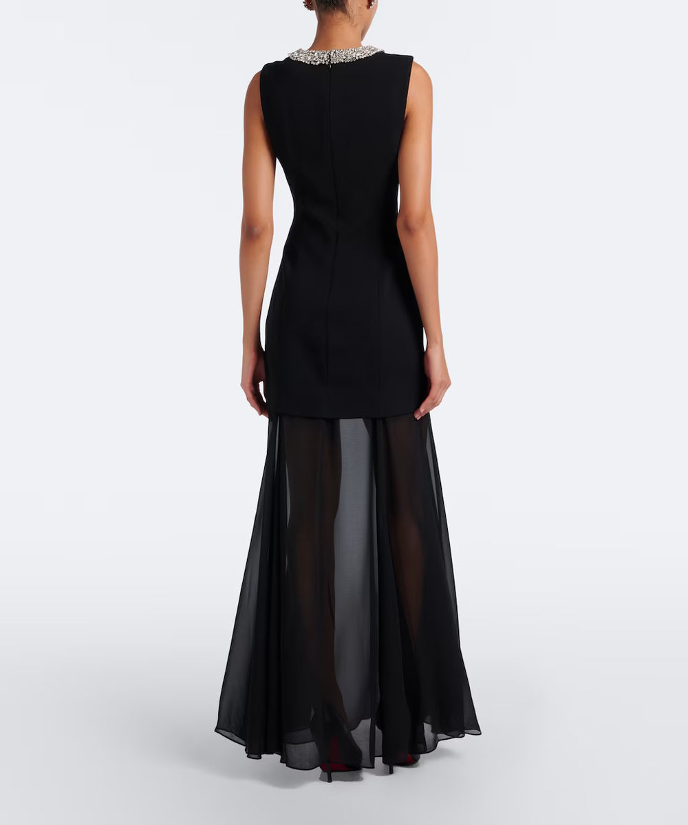 Black Sleeveless Rhinestone Neck Chiffon Maxi Gown