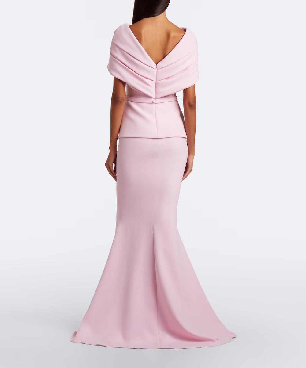 Dusty Pink Draped Off Shoulder Peplum Mermaid Evening Gown