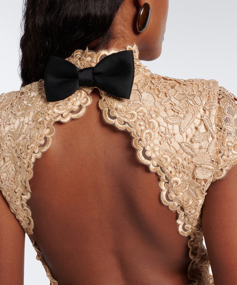 Champagne Lace High Neck Mermaid Gown With Black Bow
