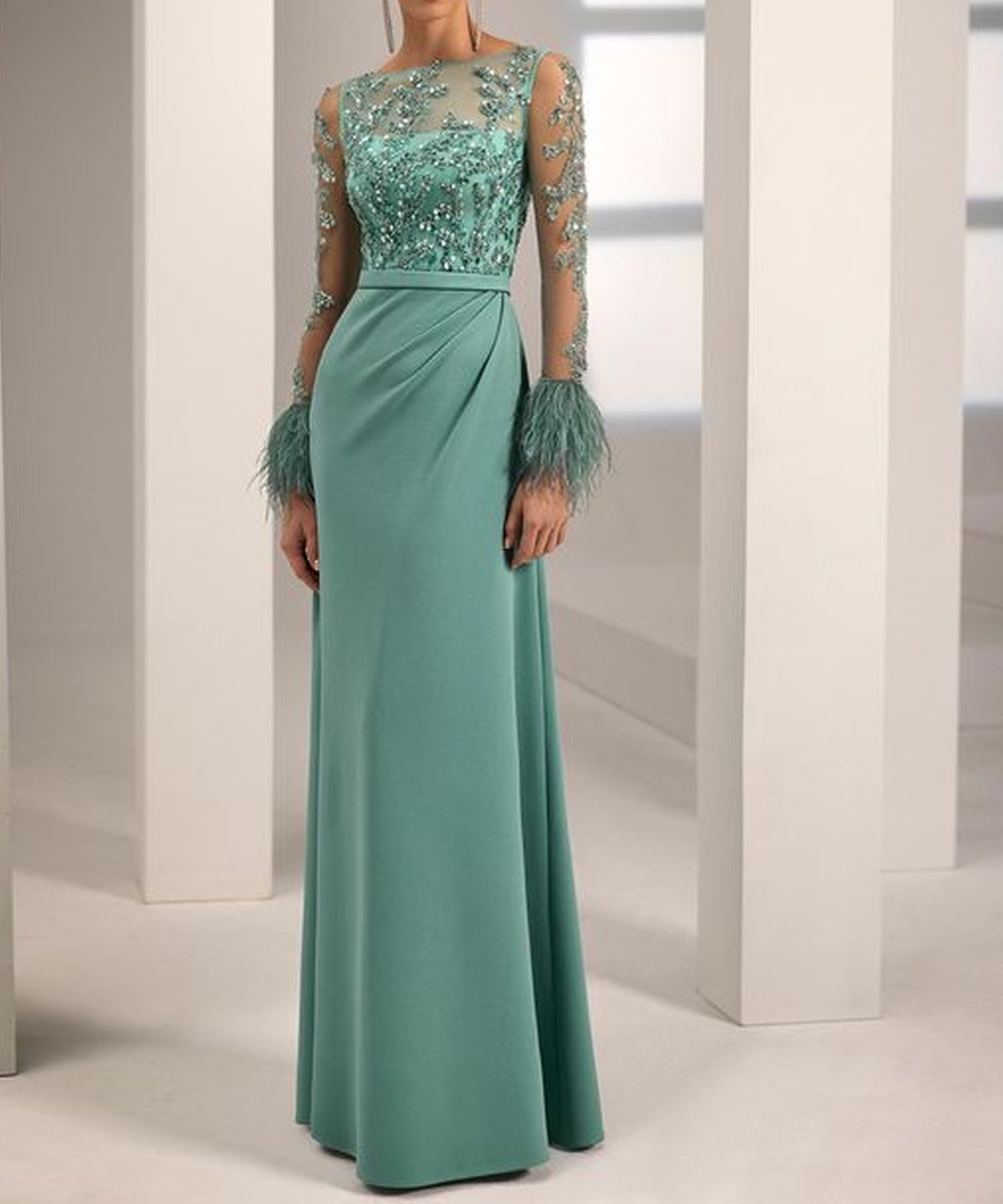 Illusion Long Sleeve Beaded Sequin Evening Gown with Feather Cuffs & Draped Skirt