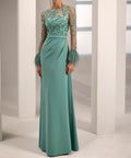 Illusion Long Sleeve Beaded Sequin Evening Gown with Feather Cuffs & Draped Skirt