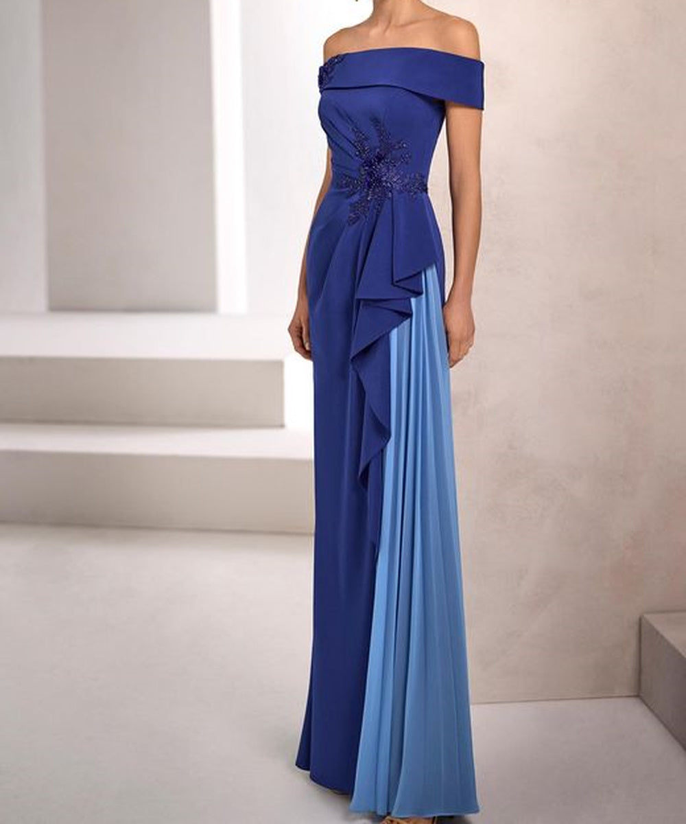 Off The Shoulder Beaded Appliqué Formal Maxi Dress With Contrast Pleated Chiffon Panel