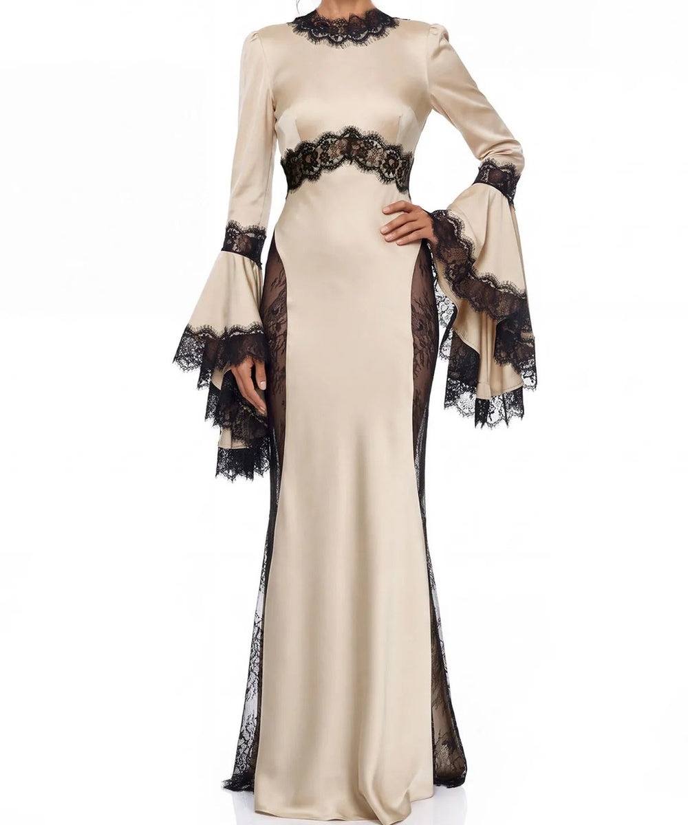 Champagne Satin Long Flare Sleeve Maxi Evening Gown with Black Lace Trim