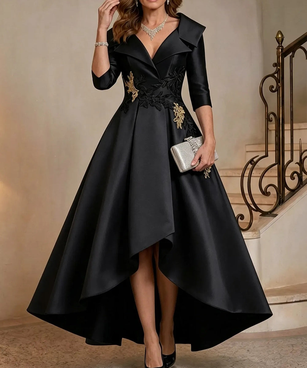 Black Satin Lapel V-Neck 3/4 Sleeve High Low Formal Gown with Gold Lace Appliques