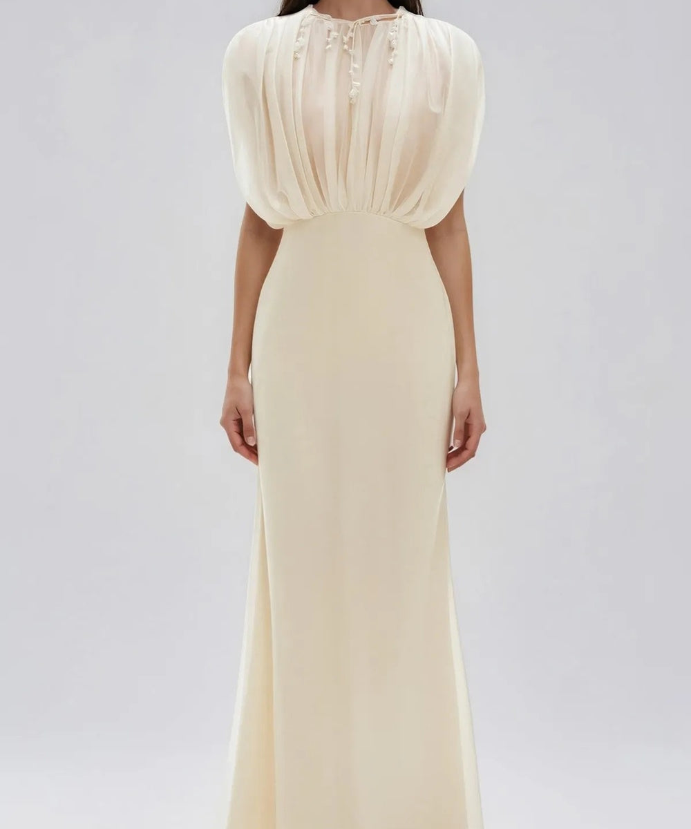 Cream Sheer Cape Sleeve Pleated Mermaid Maxi Formal Evening Dress