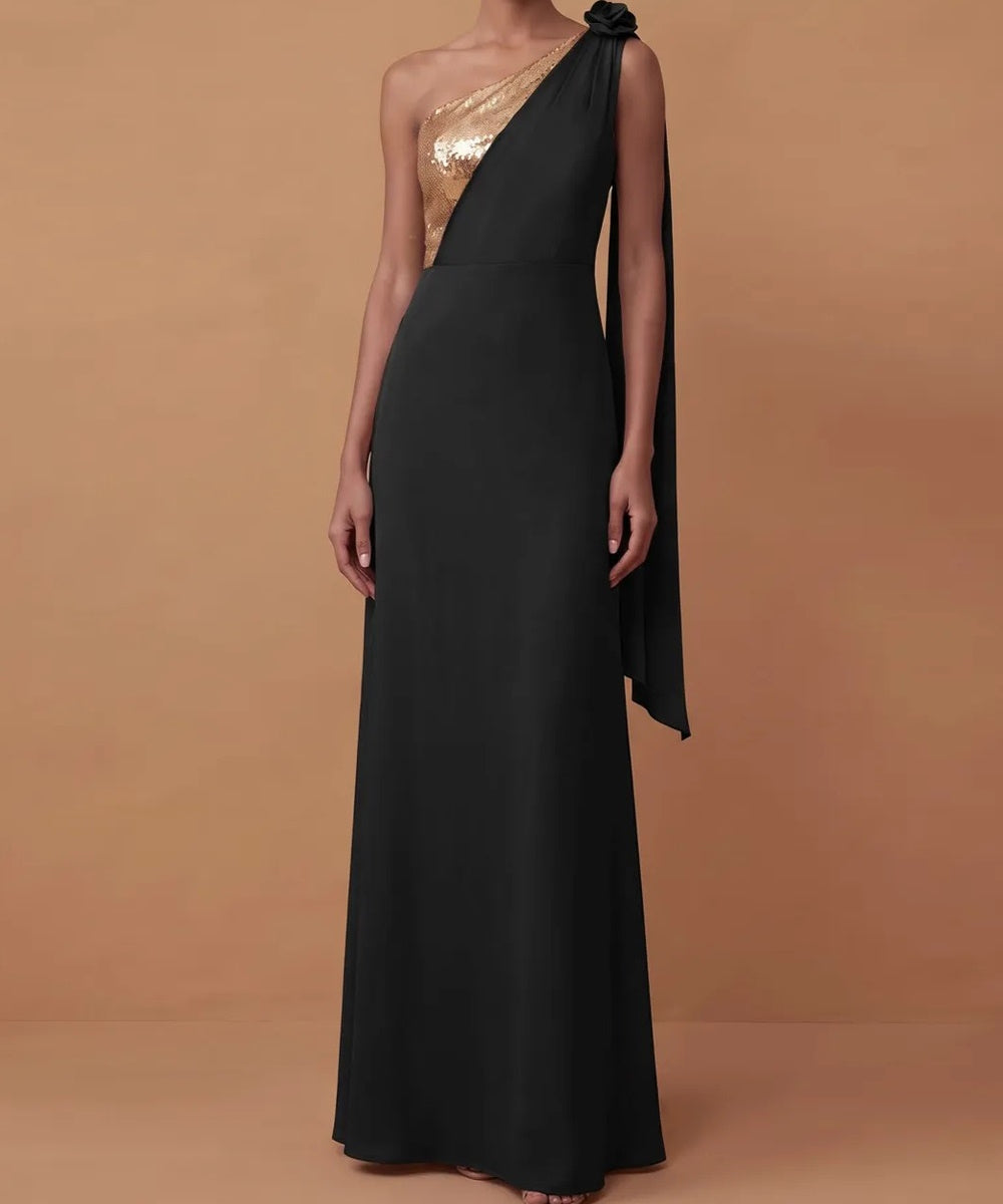 One Shoulder Gold Sequin Panel Stretch Crepe Maxi Formal Evening Dress